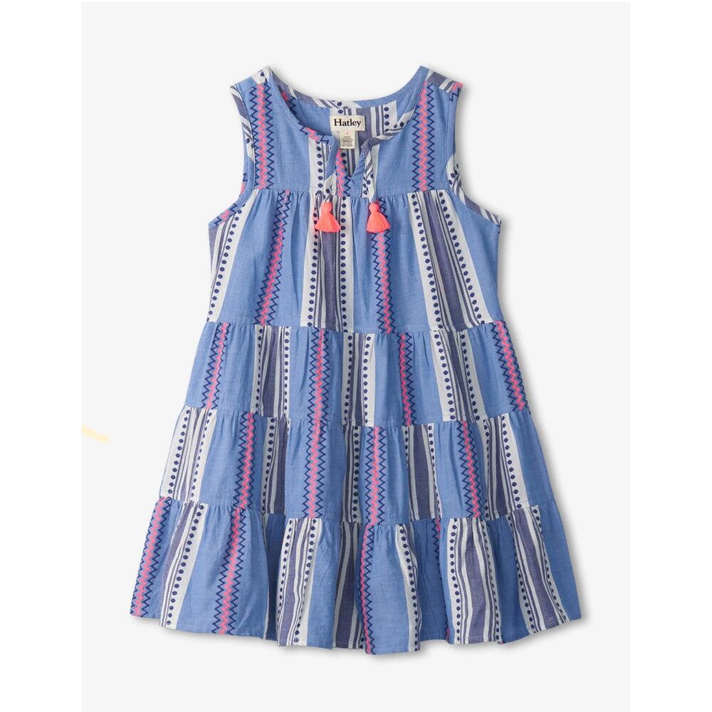 Hatley Girls Tiered Sleeveless Boho Stripe Dress Blue Pink Size 12
